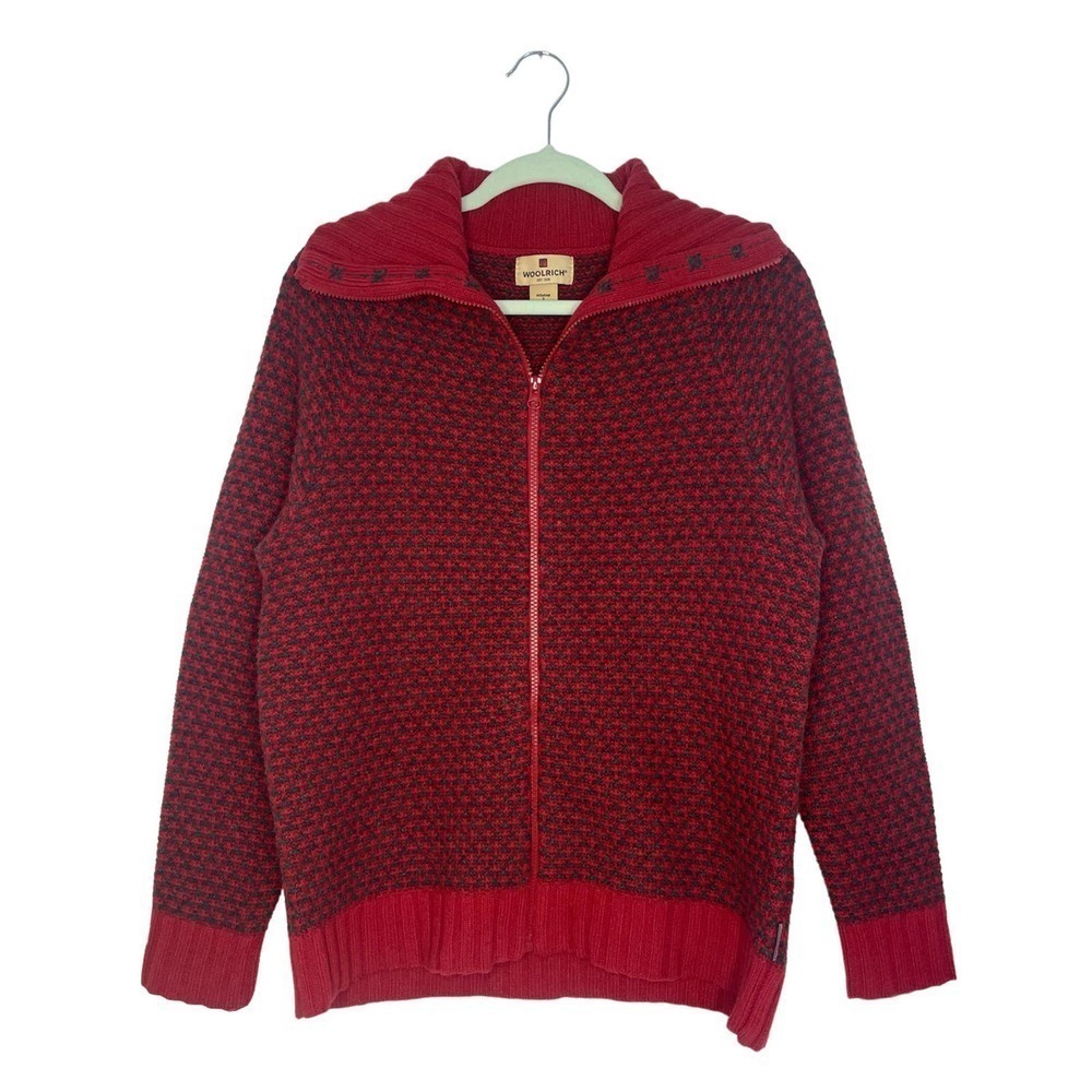 Woolrich Full Zip Lambs Wool Knit Sweater Jacket Red & Gray Small Nordic Cabin